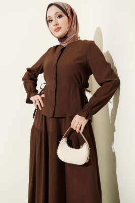 Bel İp Bağlamalı Etekli İkili Takım Kahve - İkili Takım