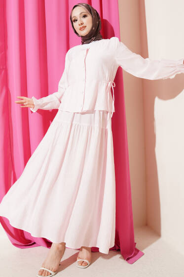 Bel İp Bağlamalı Etekli İkili Takım Pembe - İkili Takım