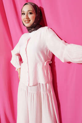 Bel İp Bağlamalı Etekli İkili Takım Pembe - İkili Takım