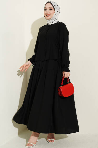 Bel İp Bağlamalı Etekli İkili Takım Siyah - İkili Takım