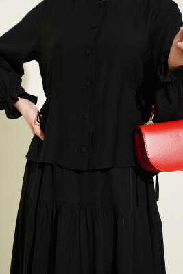 Bel İp Bağlamalı Etekli İkili Takım Siyah - İkili Takım