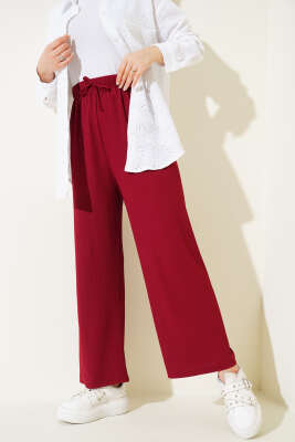 Bel İp Detaylı Bürümcük Pantolon Bordo 
