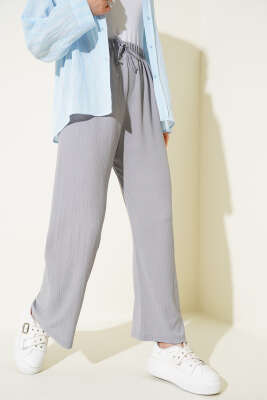 Bel İp Detaylı Bürümcük Pantolon Gri 