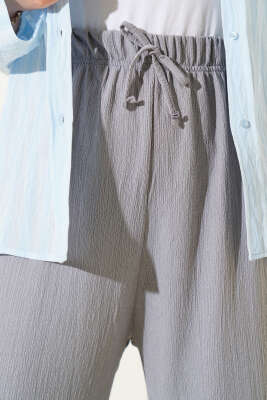 Bel İp Detaylı Bürümcük Pantolon Gri - Yılın Fırsatı