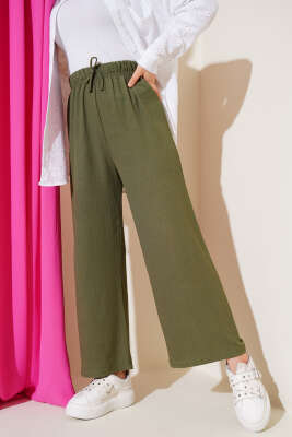 Bel İp Detaylı Bürümcük Pantolon Haki - Yılın Fırsatı