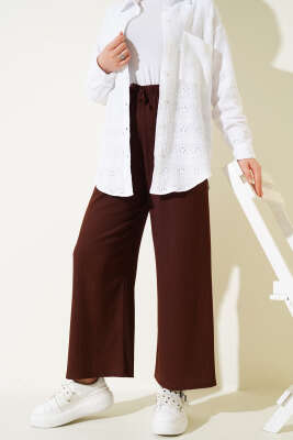 Bel İp Detaylı Bürümcük Pantolon Kahve 