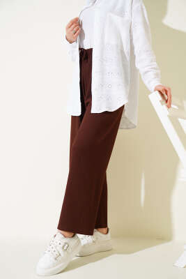 Bel İp Detaylı Bürümcük Pantolon Kahve - Yılın Fırsatı