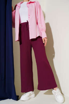 Bel İp Detaylı Bürümcük Pantolon Mürdüm - Yılın Fırsatı