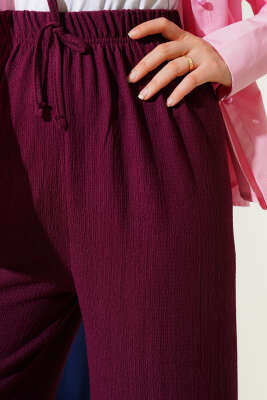 Bel İp Detaylı Bürümcük Pantolon Mürdüm - Yılın Fırsatı