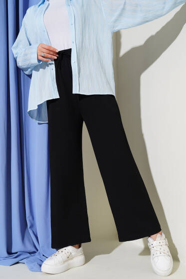 Bel İp Detaylı Bürümcük Pantolon Siyah - Pantolon