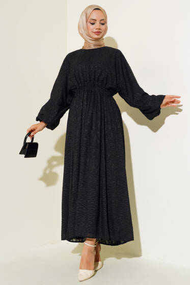 Bel İpli Balon Kol Elbise Siyah - Uzun Elbise