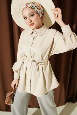 Bel İpli Düşük Omuz Gömlek Bej - TABLO FASHİON