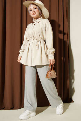 Bel İpli Düşük Omuz Gömlek Bej - Gömlek