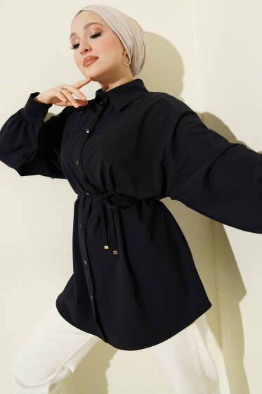 Bel İpli Düşük Omuz Gömlek Lacivert - Gömlek