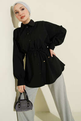 Bel İpli Düşük Omuz Gömlek Siyah - TABLO FASHİON