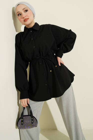 Bel İpli Düşük Omuz Gömlek Siyah - Gömlek