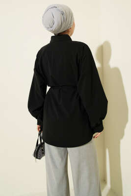 Bel İpli Düşük Omuz Gömlek Siyah - Gömlek