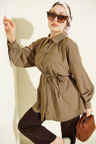 Bel İpli Düşük Omuz Gömlek Vizon - Gömlek