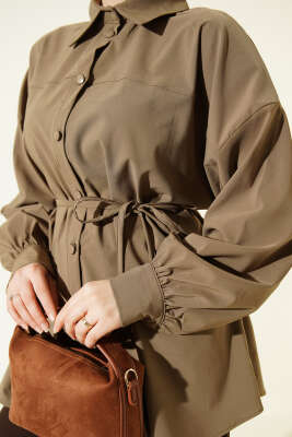 Bel İpli Düşük Omuz Gömlek Vizon - Gömlek