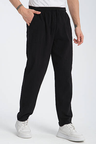 Bel İpli Erkek Jogger Pantolon Siyah - Erkek Pantolon