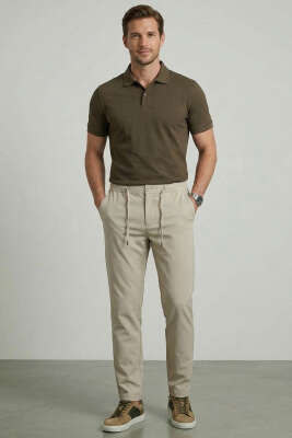 Bel İpli Esnek Likralı Erkek Pantolon Taş - Erkek Pantolon