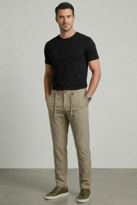 Bel İpli Esnek Likralı Erkek Pantolon Vizon - Erkek Pantolon