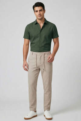 Bel İpli Jogger Erkek Pantolon Bej - Erkek Pantolon