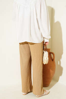 Bel İpli Kabartmalı Pantolon Camel - Pantolon