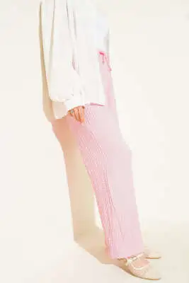 Bel İpli Kabartmalı Pantolon Pembe - Pantolon