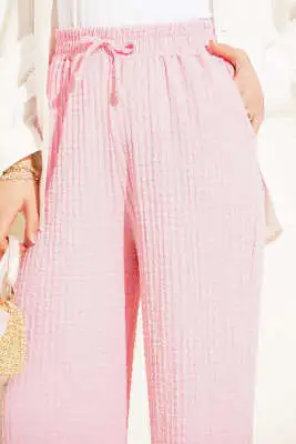 Bel İpli Kabartmalı Pantolon Pembe - Pantolon