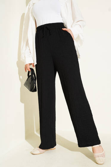 Bel İpli Kabartmalı Pantolon Siyah - Yılın Fırsatı 