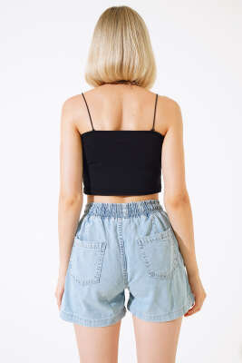 Bel İpli Kot Şort Kot Buz Mavi - Kadın Giyim Modelleri