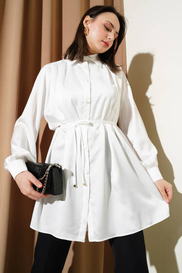 Bel İpli Omuz Büzgülü Gömlek Ekru - Gömlek