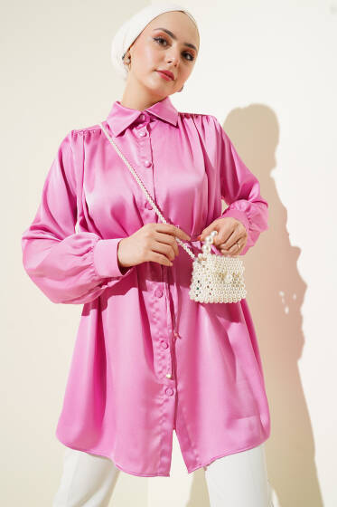 Bel İpli Omuz Büzgülü Gömlek Fuşya - Gömlek