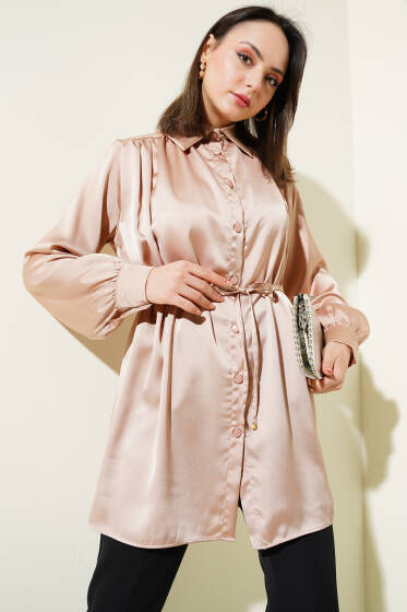 Bel İpli Omuz Büzgülü Gömlek Latte - Gömlek