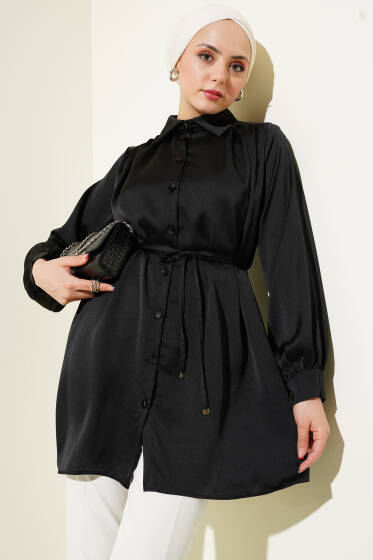 Bel İpli Omuz Büzgülü Gömlek Siyah - Gömlek