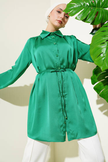 Bel İpli Omuz Büzgülü Gömlek Yeşil - Gömlek