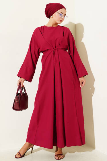 Bel İpli Oversize Basic Elbise Bordo - Elbise