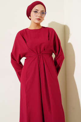 Bel İpli Oversize Basic Elbise Bordo - Elbise