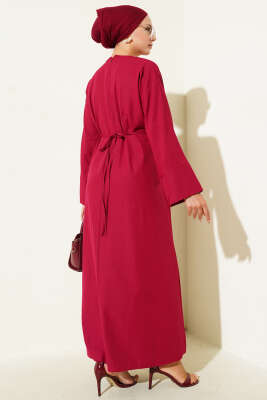 Bel İpli Oversize Basic Elbise Bordo - Elbise
