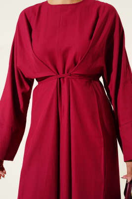 Bel İpli Oversize Basic Elbise Bordo - Elbise