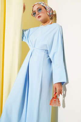 Bel İpli Oversize Basic Elbise Mavi 