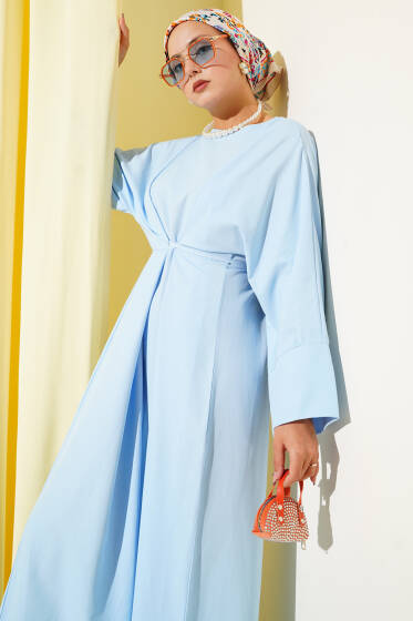 Bel İpli Oversize Basic Elbise Mavi - Elbise
