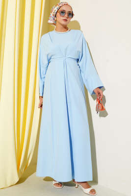 Bel İpli Oversize Basic Elbise Mavi - Elbise