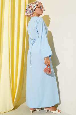 Bel İpli Oversize Basic Elbise Mavi - Elbise