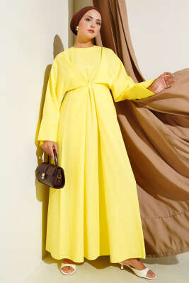 Bel İpli Oversize Basic Elbise Sarı