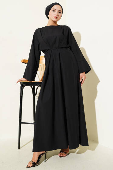 Bel İpli Oversize Basic Elbise Siyah - Elbise