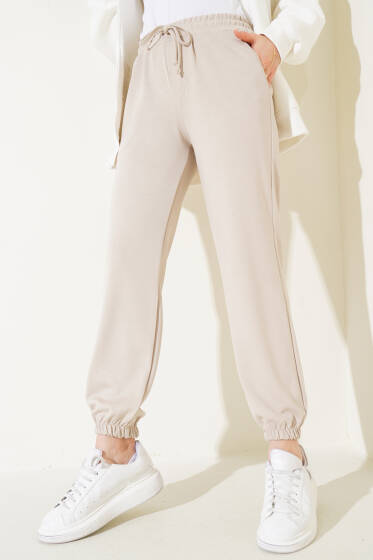 Bel İpli Paça Lastikli Jogger Pantolon Bej - Pantolon