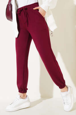Bel İpli Paça Lastikli Jogger Pantolon Bordo - Pantolon