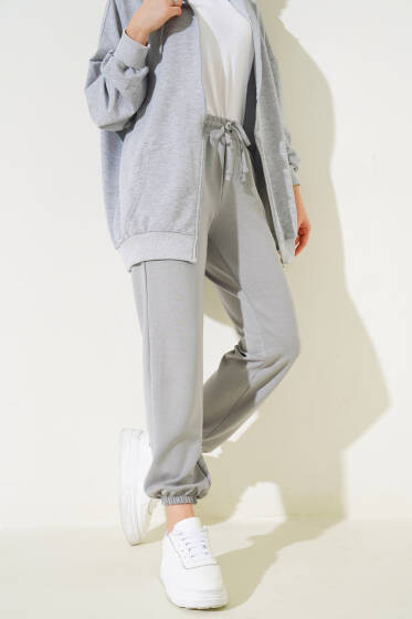 Bel İpli Paça Lastikli Jogger Pantolon Gri - Pantolon